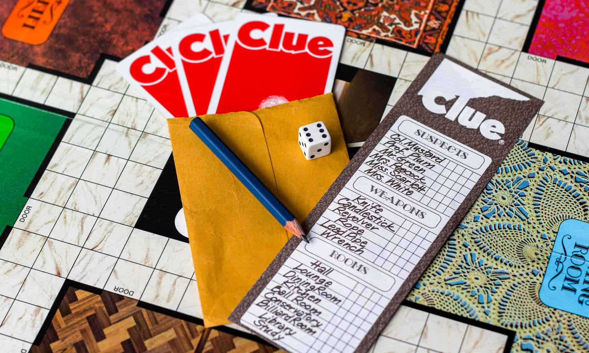 Cluedo board with clue cards that represent finding how to identify to client pain points using online surveys..