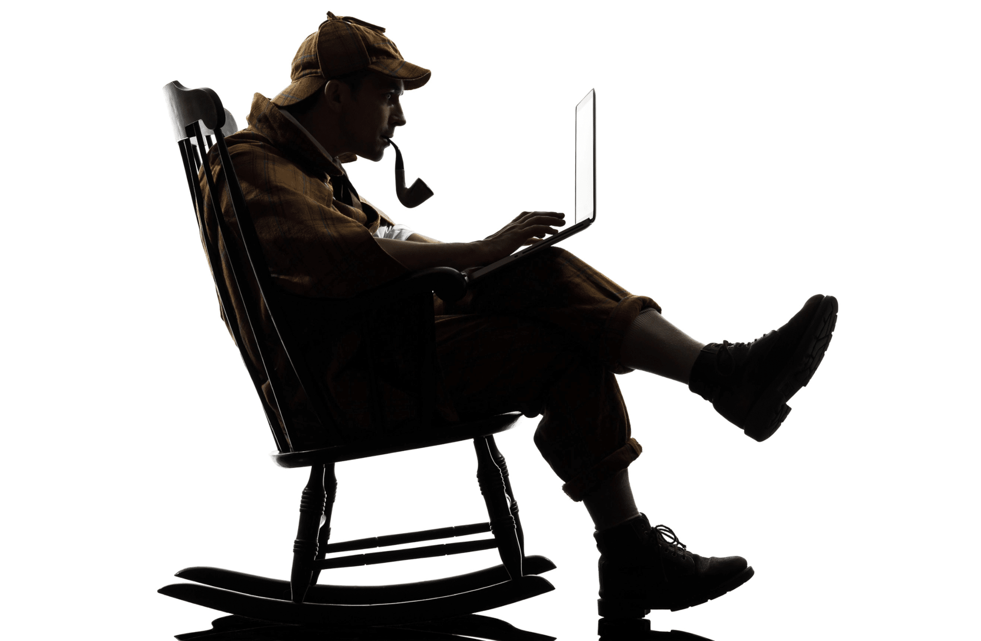 Sherlock Holmes as a modern-day consultant sitting in his chair with laptop creating an online survey.